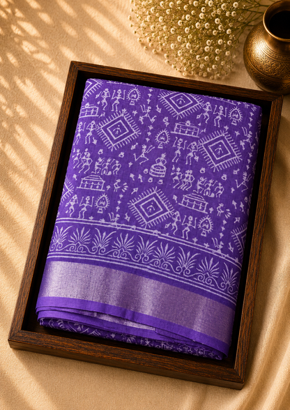 Linen Cotton Saree Vibrant Purple Warli Art Handblock Printed - LCS1000127