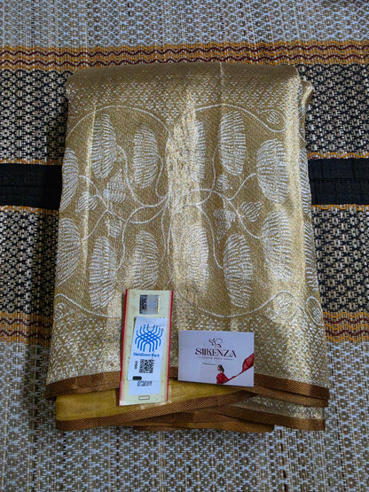 Pure Silk Brocade Saree - Golden with Silk mark and Handloom mark - PS100032