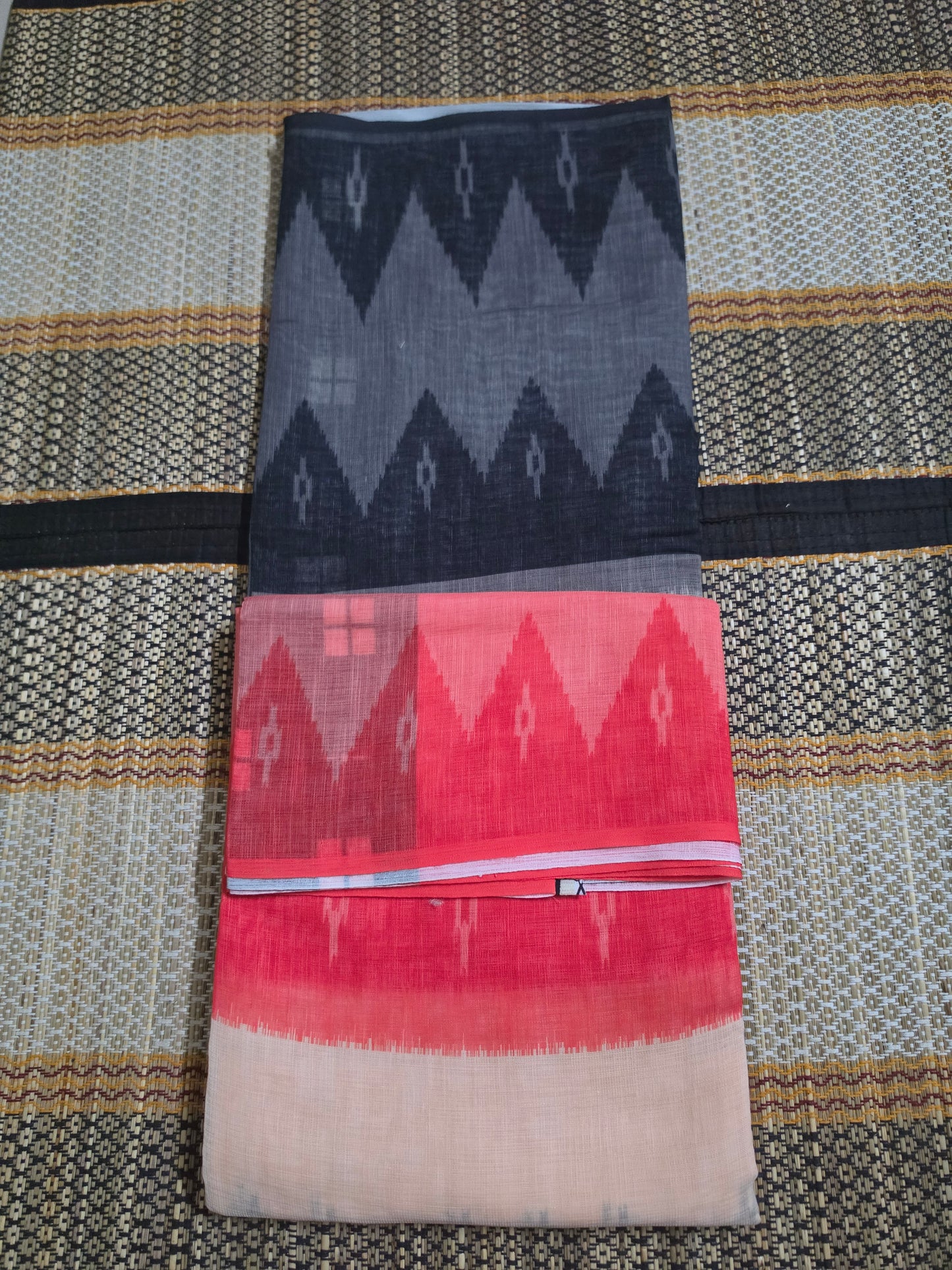 Linen Cotton Saree Grey & Coral Pink Ikat Digital Print - LCS100074