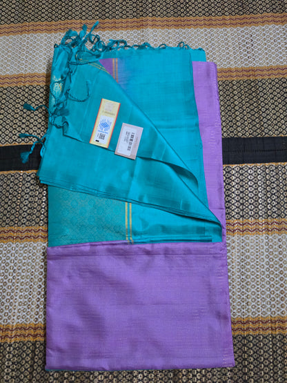 Pure Soft Silk Saree - Lavender Saree with Contrast Turquoise Blue Pallu with Golden Zari Border (Handloom mark and Silk Mark)