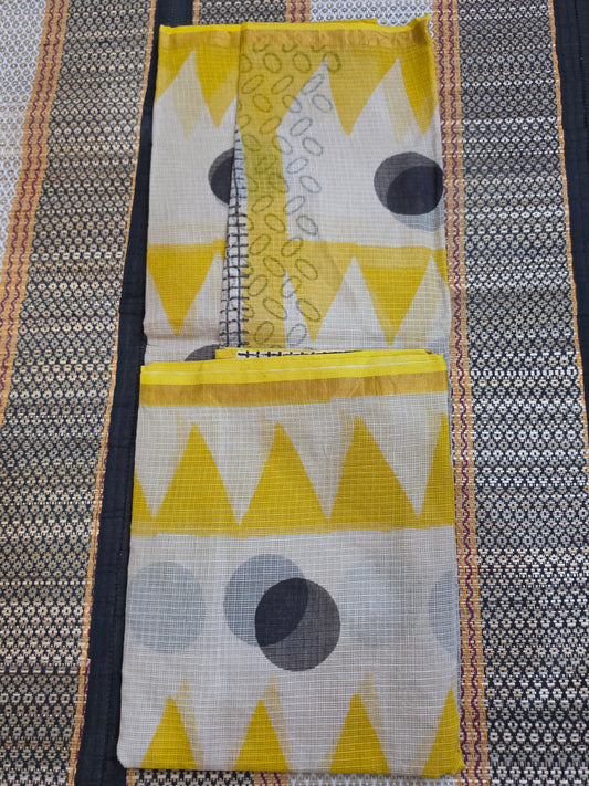 Off-White Kota Doria Saree with Yellow Triangle & Grey Circle Handblocked - CKDS100153