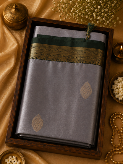 Semi Silk Saree - Grey and Dark Green - SS100011