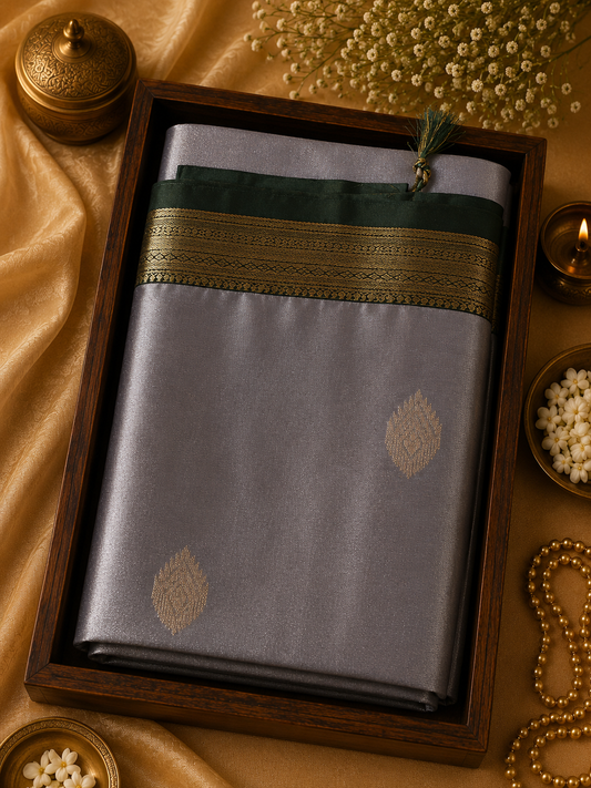 Semi Silk Saree - Grey and Dark Green - SS100011