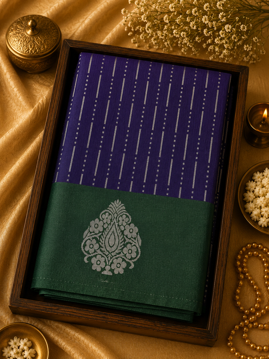 Semi Silk Saree - Purple & Emerald Zari Stripe - SSS100064