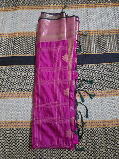 Semi Silk Saree - Rani Pink & Golden line and Leaf Butas - SSS100063