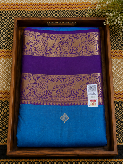 Kanchipuram Silk Saree - Peacock Blue & Royal Purple (With Silk mark) - KSS100038