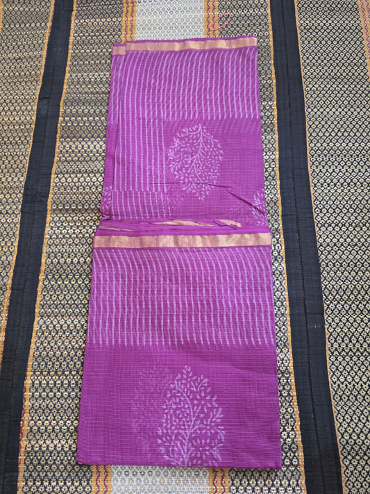 Magenta Kota Doria Saree with Leaf Block Print and Zari Border Handblocked CKDS100152