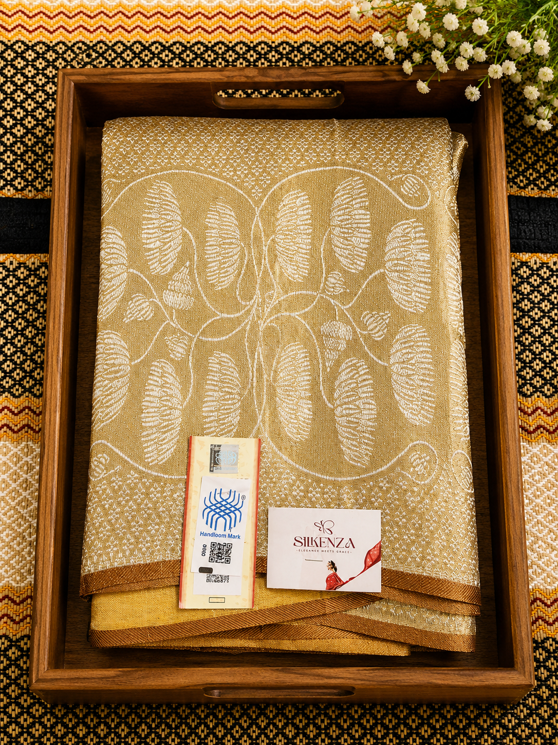 Pure Silk Brocade Saree - Golden with Silk mark and Handloom mark - PS100032