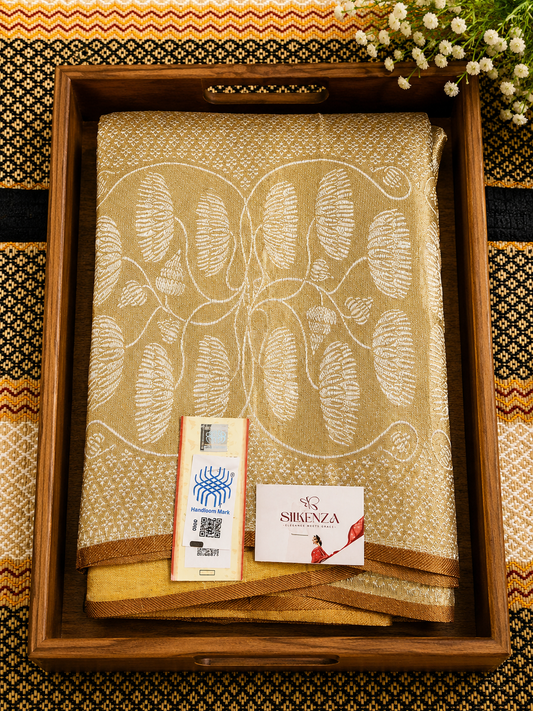Pure Silk Brocade Saree - Golden with Silk mark and Handloom mark - PS100032