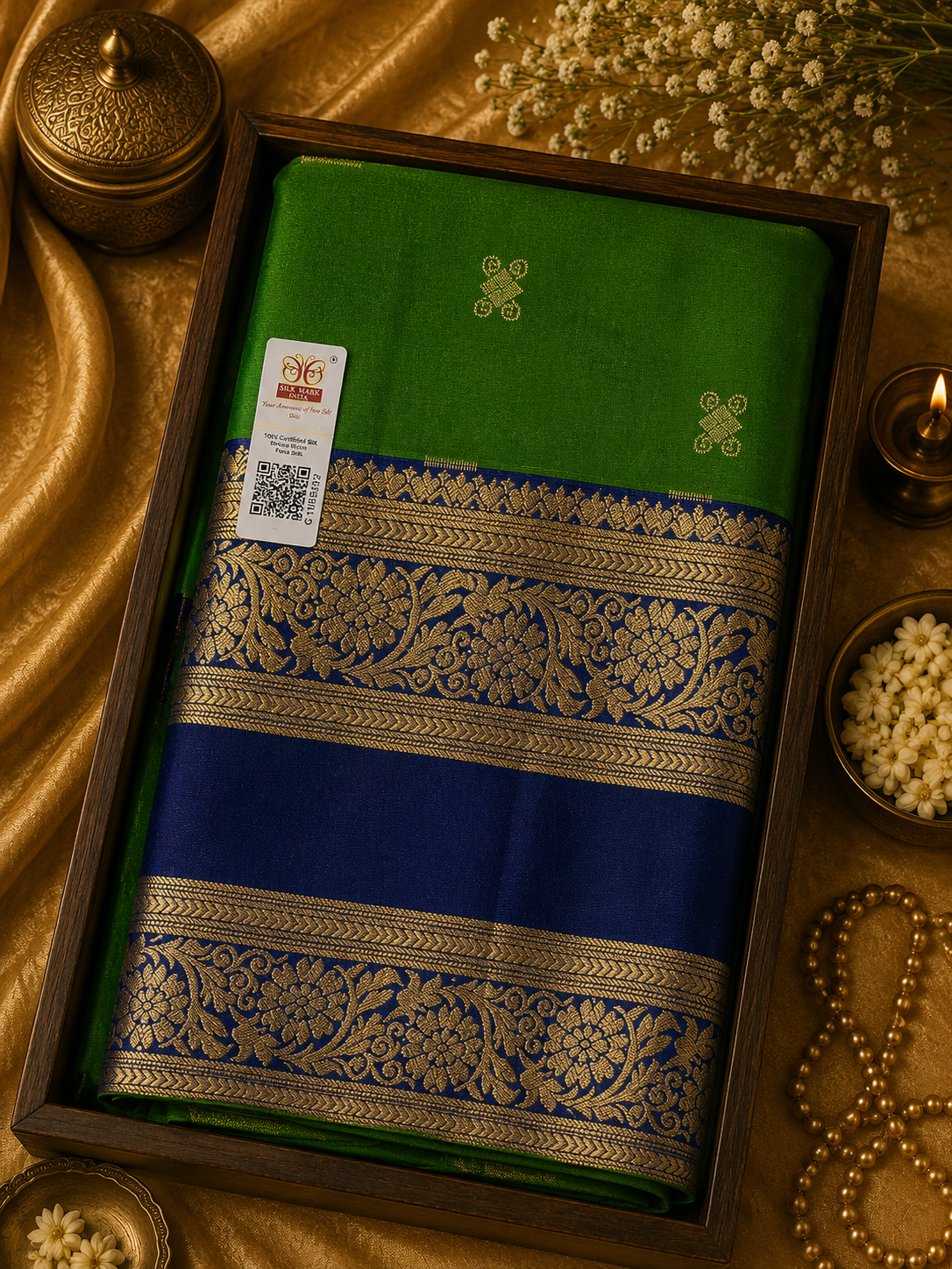 Pure Silk Powerloom Saree - Parrot Green & Royal Blue with Gold Zari - PS100034
