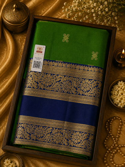 Pure Silk Powerloom Saree - Parrot Green & Royal Blue with Gold Zari - PS100034