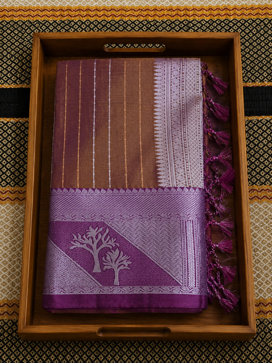 Copper Brown Silk Saree with Magenta Tree Motif Border - SSS100150