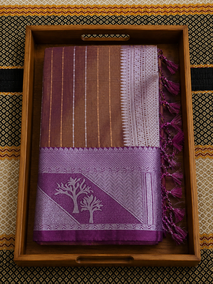 Copper Brown Silk Saree with Magenta Tree Motif Border - SSS100150