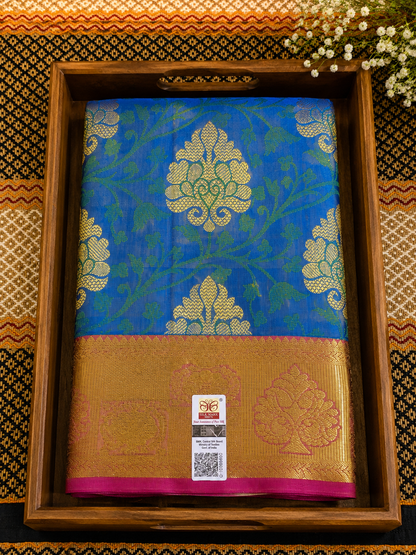 Pure Silk Saree with Floral Zari Motifs & Temple Border with Silk Mark Certified - PS1000143