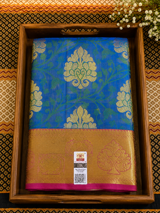 Pure Silk Saree with Floral Zari Motifs & Temple Border with Silk Mark Certified - PS1000143