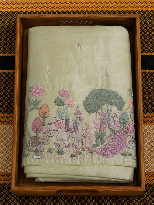 PURE TUSSAR SILK SAREE - Golden Yellow with Elephant and Peacock Thread - PTS100018