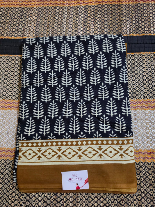 Mul Cotton Saree - Brown & Black Digital Print - MCS100139