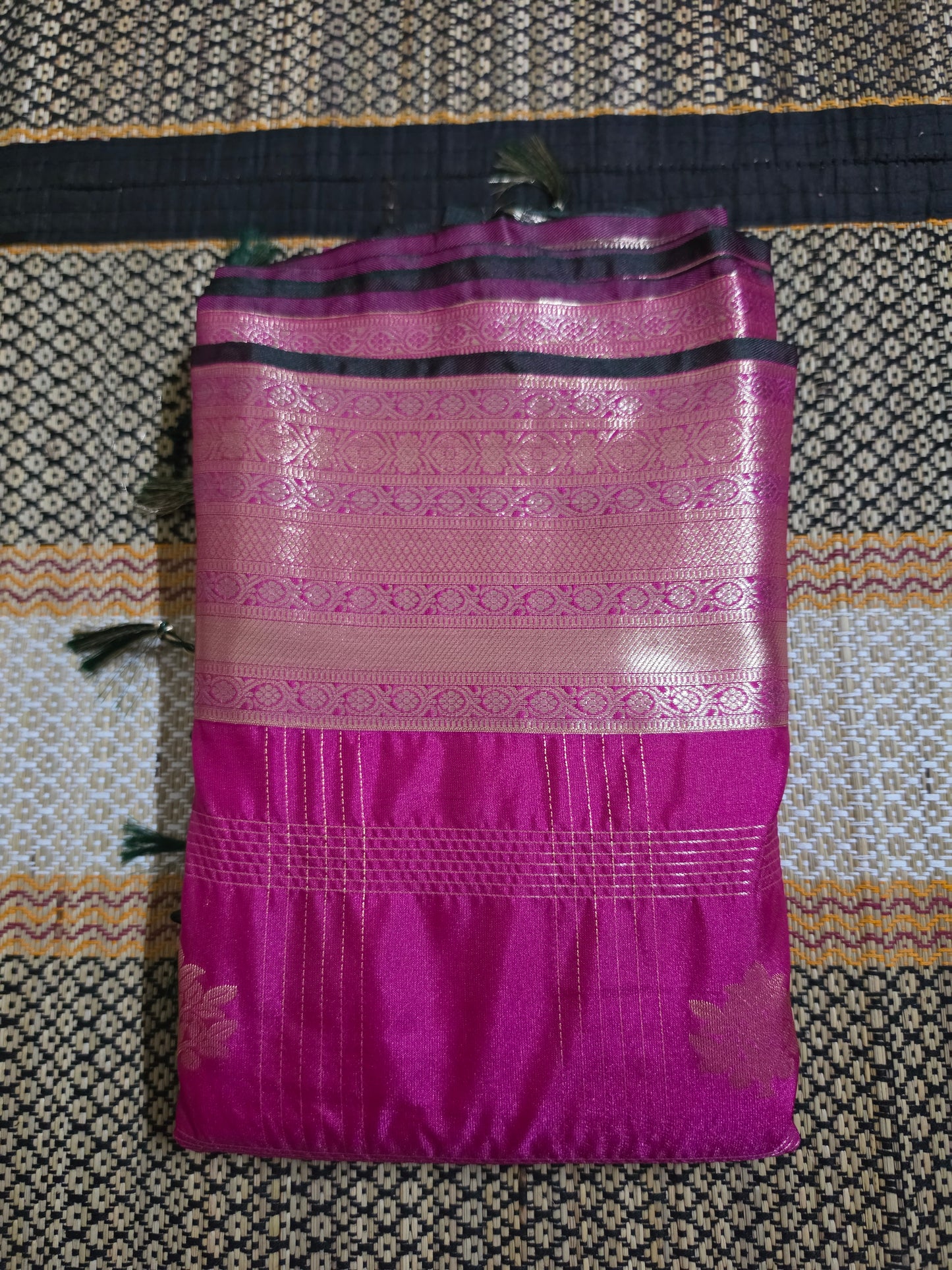 Semi Silk Saree - Rani Pink & Golden line and Leaf Butas - SSS100063