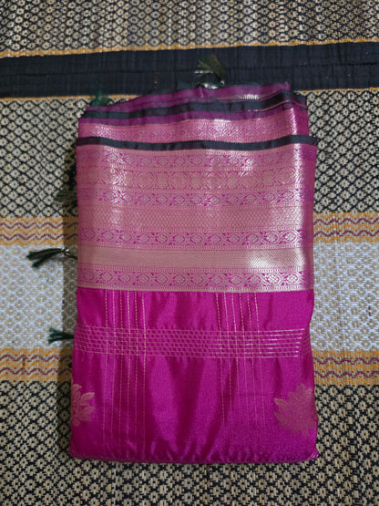 Semi Silk Saree - Rani Pink & Golden line and Leaf Butas - SSS100063