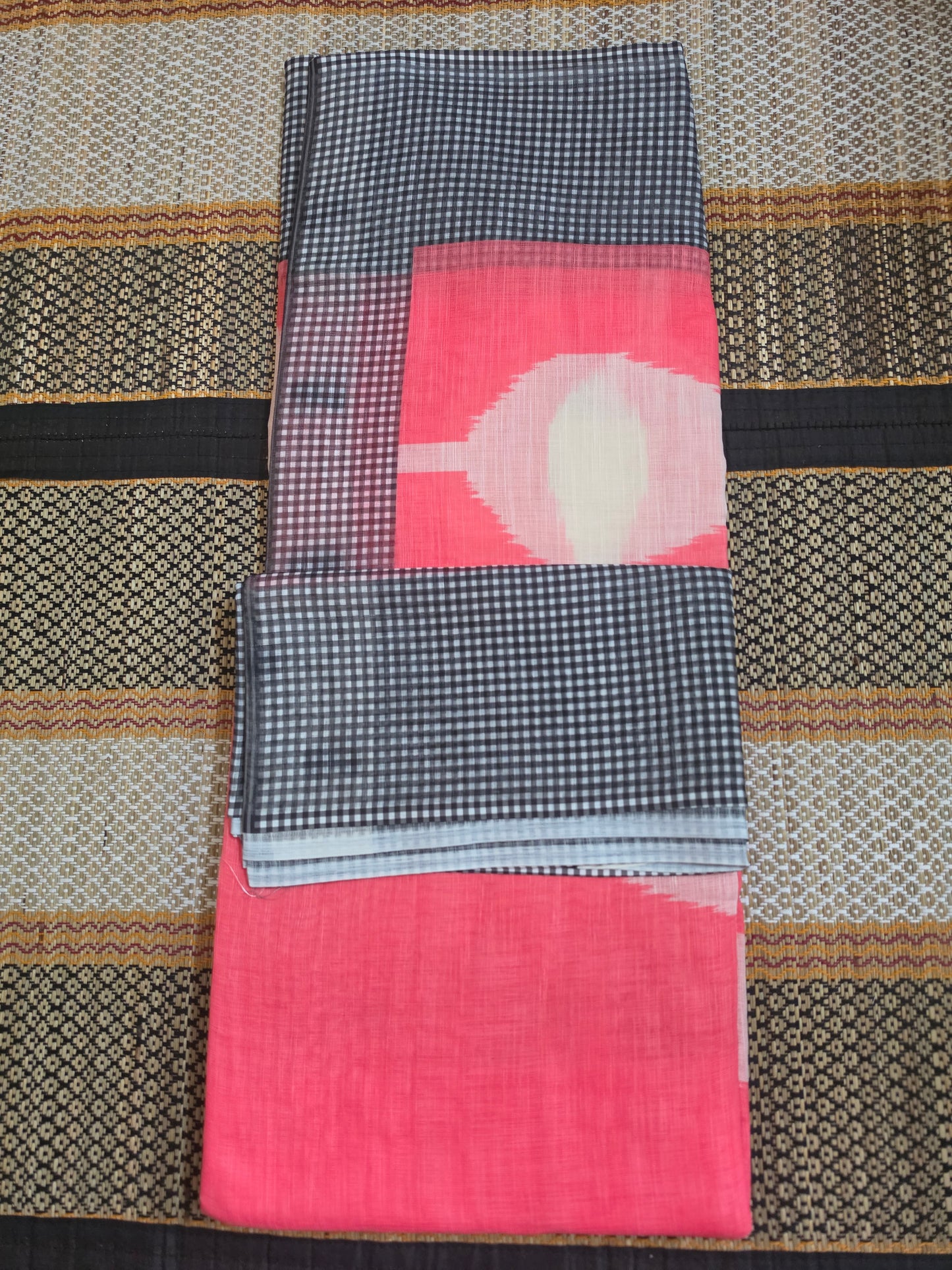 Linen Cotton Saree - Check Design Digital Printed - LCS100073