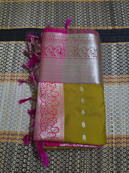 Chartreuse Green and Magenta Contrast Silk Saree with Silver Brocade - SSS100151