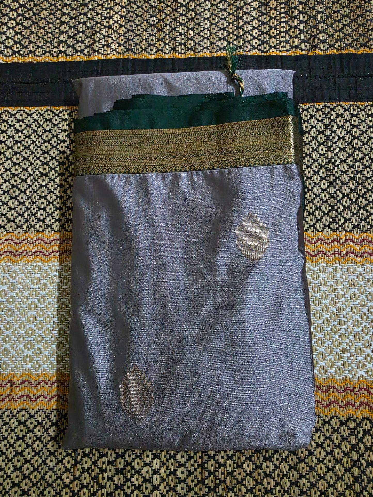 Semi Silk Saree - Grey and Dark Green - SS100011