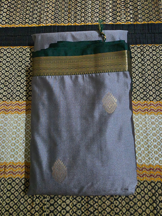 Semi Silk Saree - Grey and Dark Green - SS100011