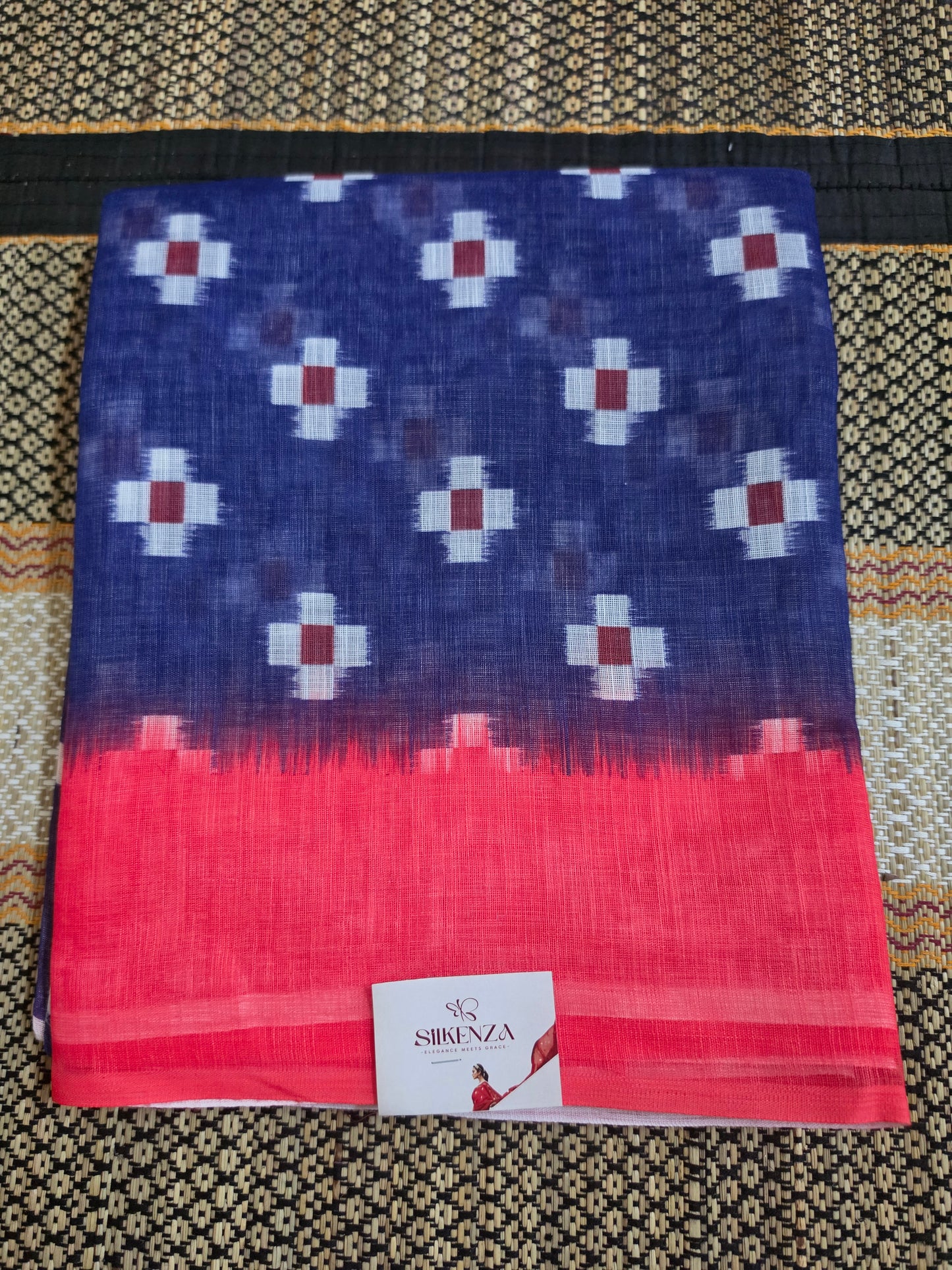 Linen Cotton Saree Navy Blue & Coral Digital Print Digital Printed - LCS100137
