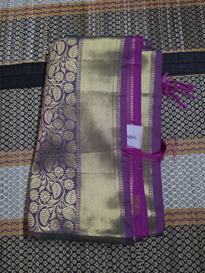 Semi Banarasi Saree - Emerald Green Body × Royal Purple Border & Pallu - Rich Gold Zari - SB100054