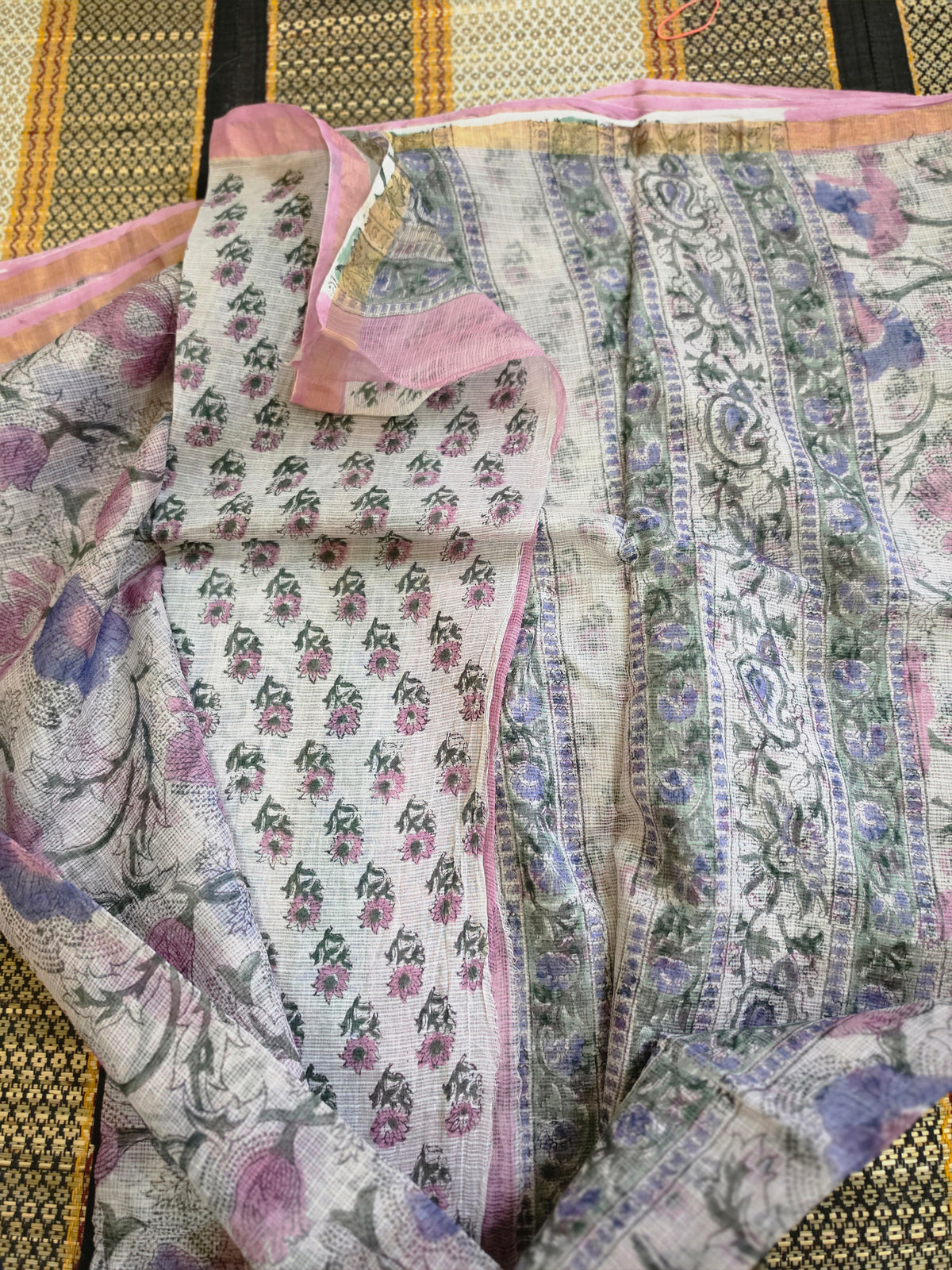 Kota Doria Saree with Purple and Pink Floral Print Handblocked - CKDS100154