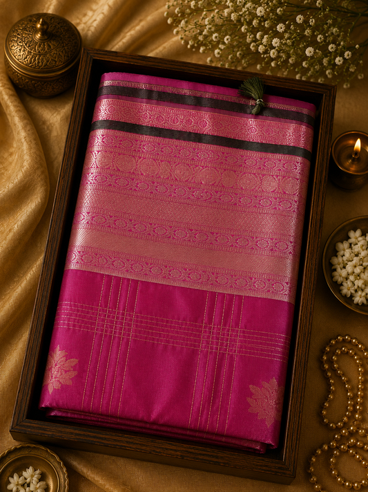 Semi Silk Saree - Rani Pink & Golden line and Leaf Butas - SSS100063
