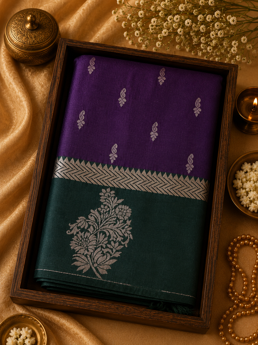 Semi Silk Saree - Royal Purple Teal Green Pallu ,with Golden Zari & Flower Motif ( Handloom Saree ) - SSS100051