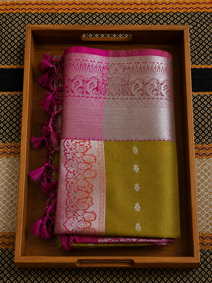 Chartreuse Green and Magenta Contrast Silk Saree with Silver Brocade - SSS100151