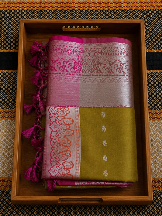 Chartreuse Green and Magenta Contrast Silk Saree with Silver Brocade - SSS100151