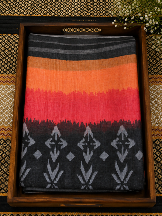 Linen Cotton Saree - Orange & Red Digital Print