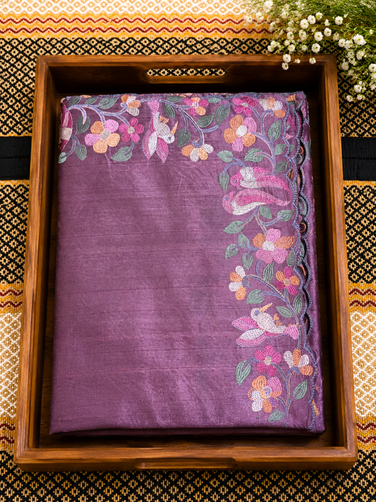 Tussar Silk Saree Embroidered   – Wine Purple with Multicolored Threadwork - TSS100144