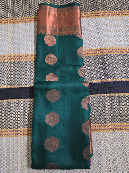 Pure Silk Saree certified with the Silk Mark - Dark Green shade with elegant Copper Butas and a stunning Copper Zari Border - PS1000146