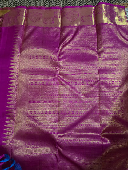 Pure Silk Saree with Floral Zari Motifs & Temple Border with Silk Mark Certified - PS1000143