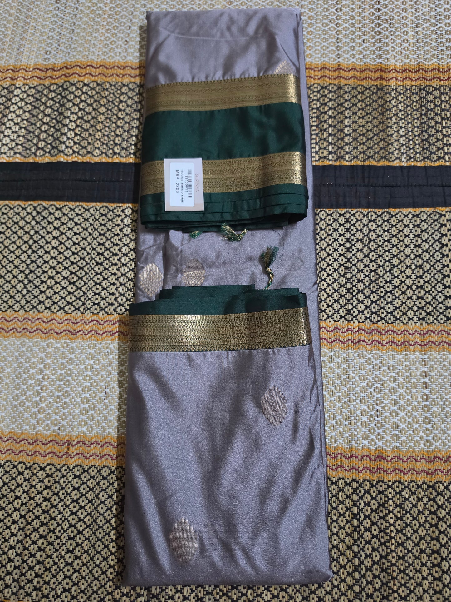 Semi Silk Saree - Grey and Dark Green - SS100011