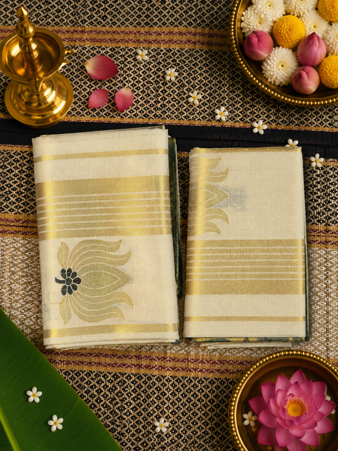Set Mundu Single - Greeen & Golden Lotus - SMP100120