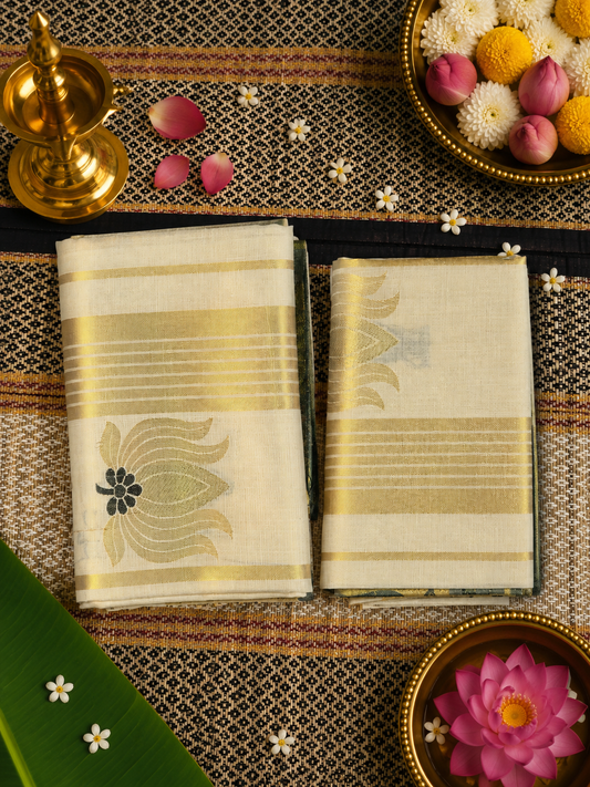 Set Mundu Single - Greeen & Golden Lotus - SMP100120