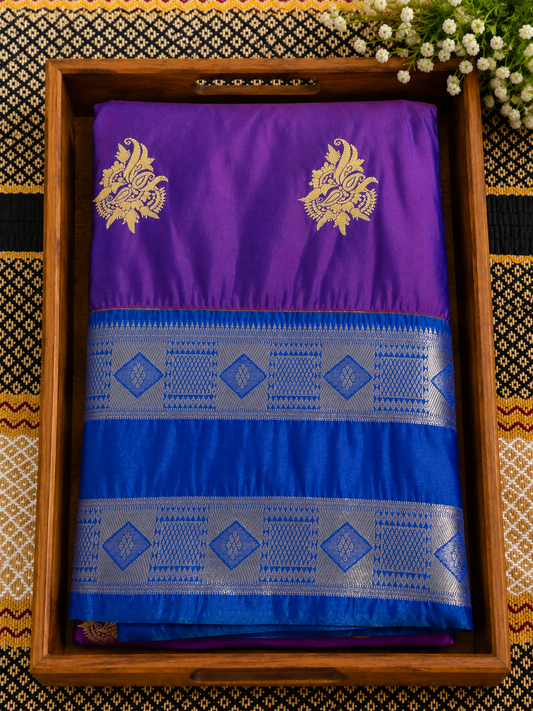 Purple Brocade Silk Saree with Royal Blue Zari Border - BS100013