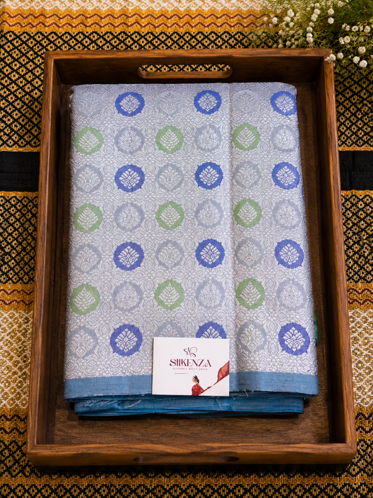Silver Pure Silk Saree with Teal Paisley Zari Pallu - PS1000142