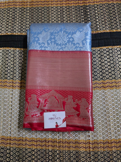 Ice Blue Bridal Silk Saree with Crimson Red Doli Motif Border - BSS100149