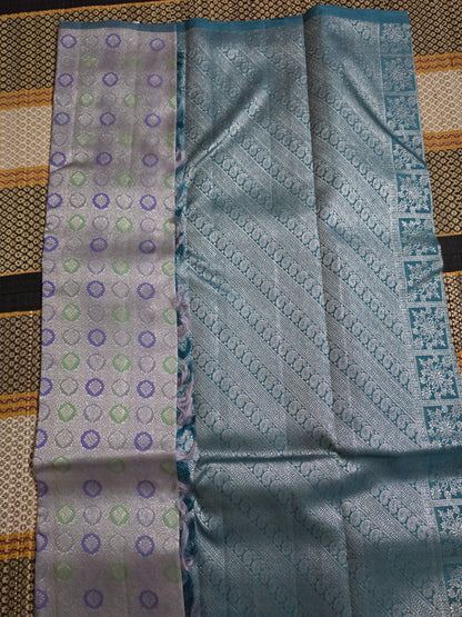 Silver Pure Silk Saree with Teal Paisley Zari Pallu - PS1000142