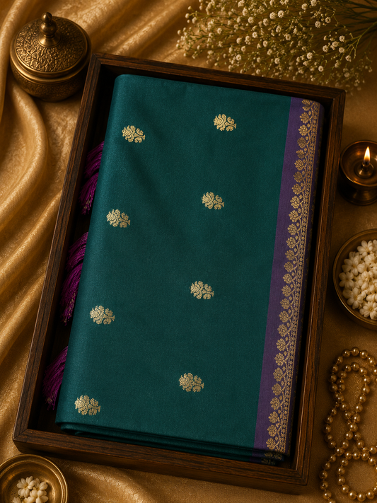 Semi Banarasi Saree - Emerald Green Body × Royal Purple Border & Pallu - Rich Gold Zari - SB100054