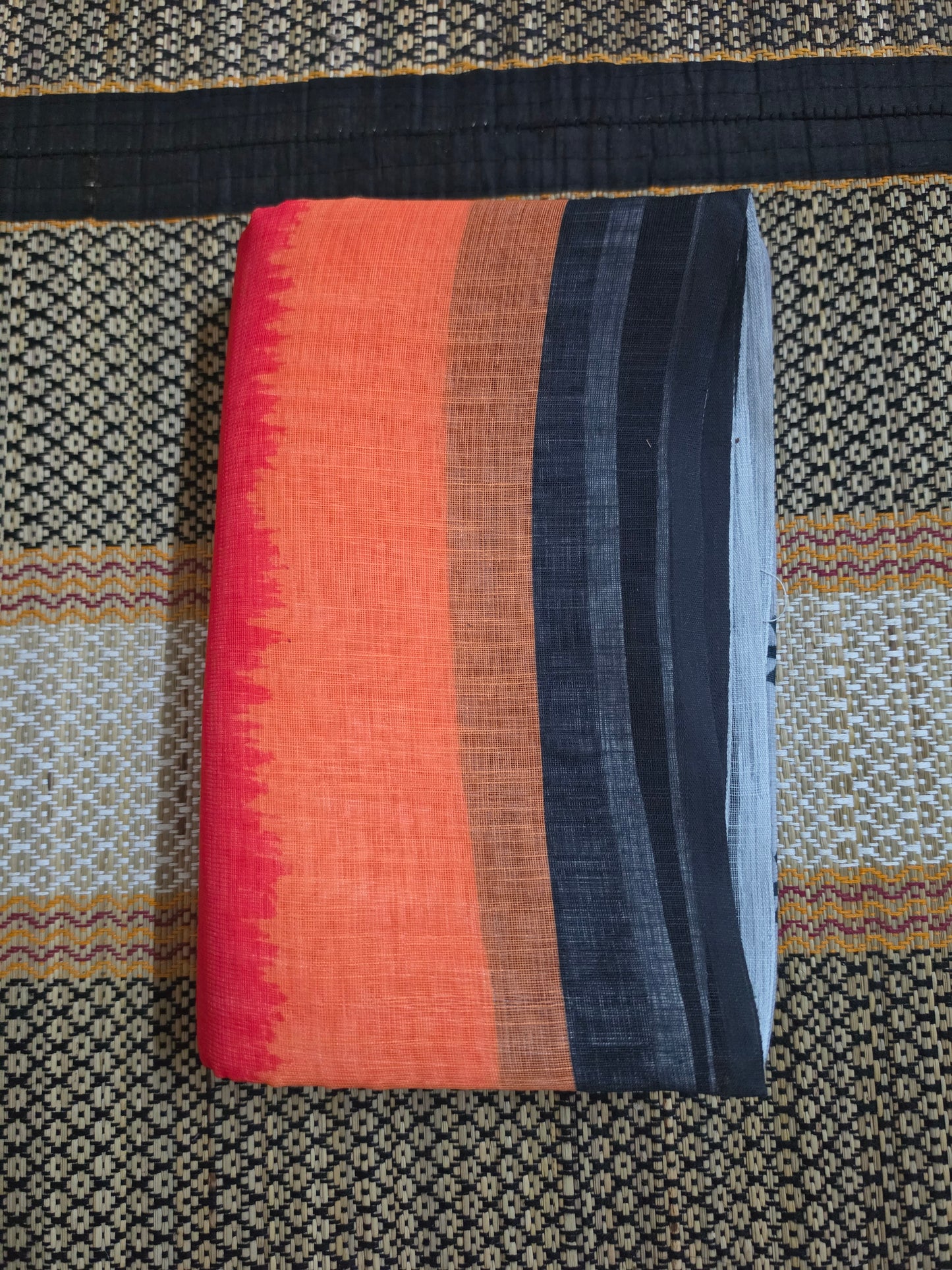 Linen Cotton Saree - Orange & Red Digital Print