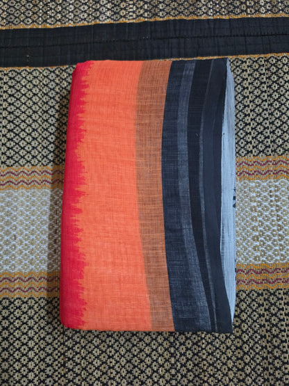 Linen Cotton Saree - Orange & Red Digital Print
