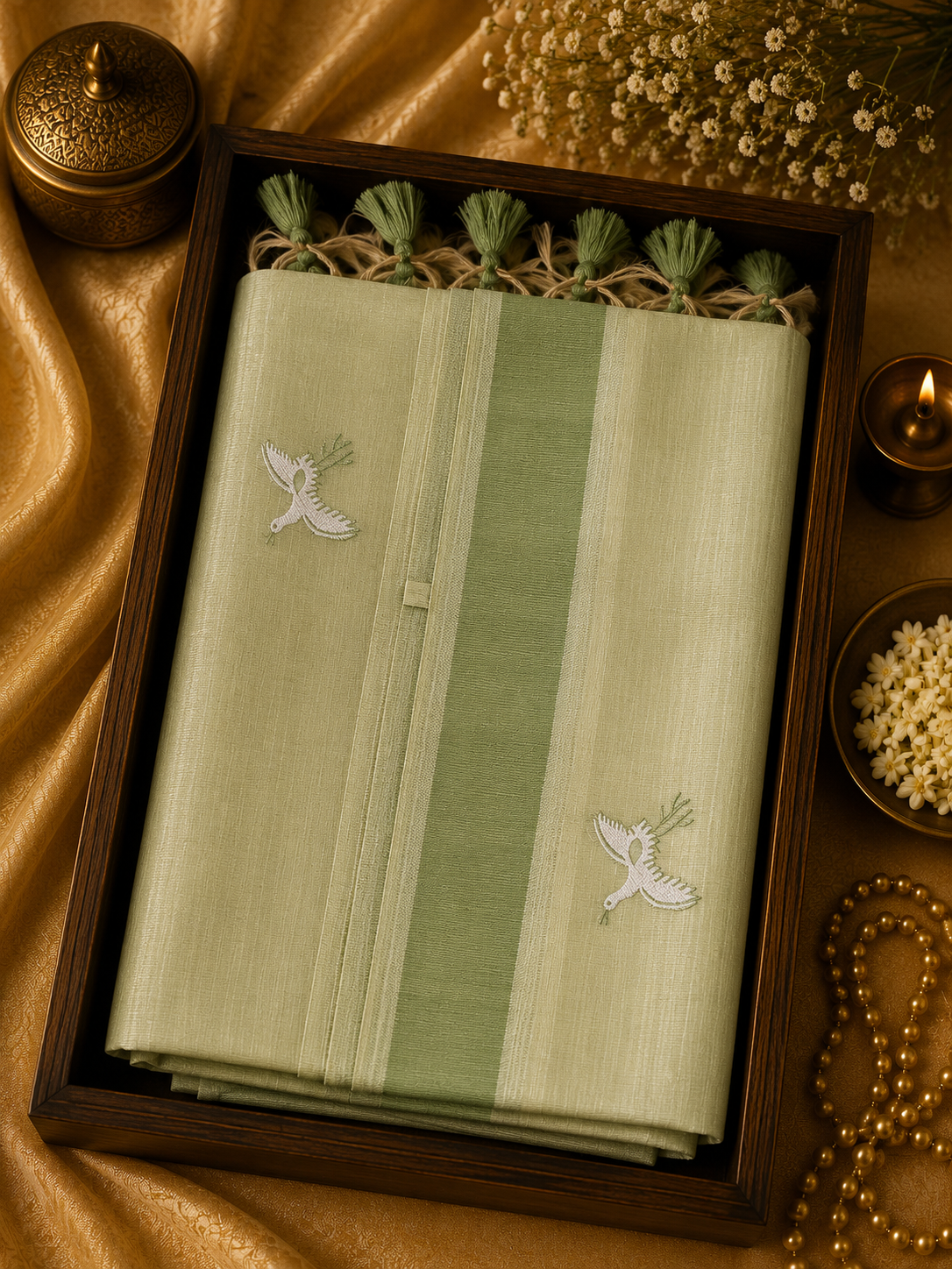 Muga Cotton Silk Saree - Pastel Pistachio Green Body - Sage Green Border - Soft Pink & White Accents - MC100055