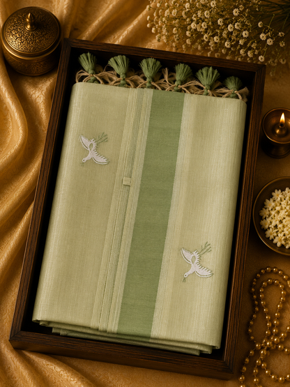 Muga Cotton Silk Saree - Pastel Pistachio Green Body - Sage Green Border - Soft Pink & White Accents - MC100055
